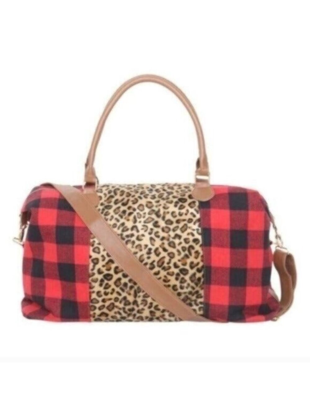Leopard & Buffalo Plaid Duffel Bag With Brown Handles & Detachable Strap